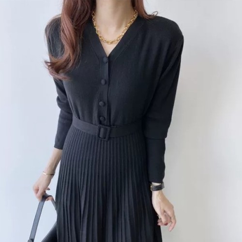 캐시 플리츠 주름 벨트 니트 롱 원피스