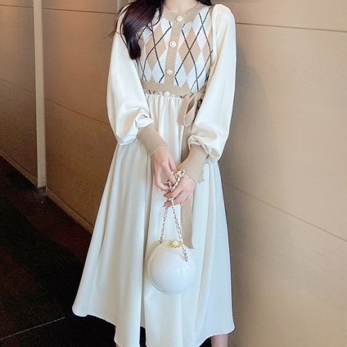 도톰 플라워나염 볼륨소매 겨울 니트롱원피스 줄무늬 아가일 니트조끼부착 골덴원피스 늦가을