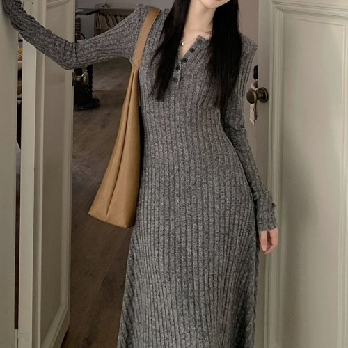 사피연 롱원피스 니트 A라인 버튼 AA2779