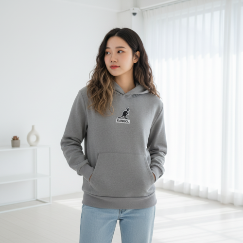 캉골 후드티 남녀공용 커플 로고 그레이, XL