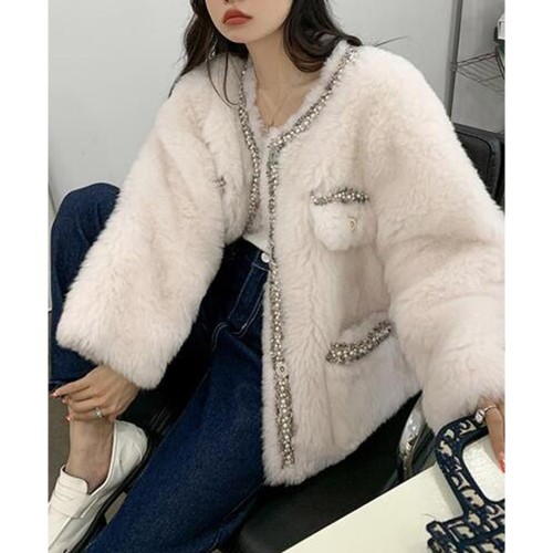 핸드메이드 양모 핑크 하프 테디베어코트 트위드 오버핏 울 리얼양털 퍼 반코트 러블리해라