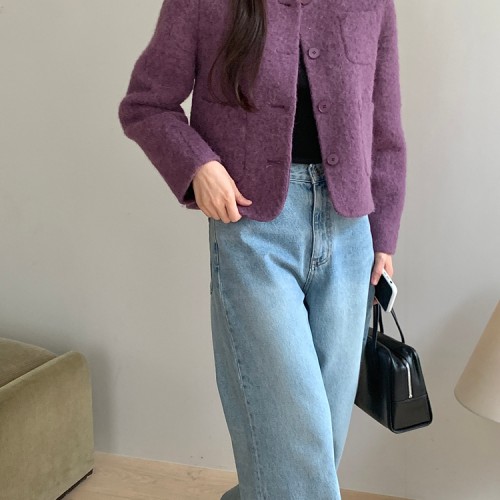 오버핏 싱글 알파카 부클 핸드메이드 코트 울 하프 반코트 노카라 숏 겨울 여성 코트