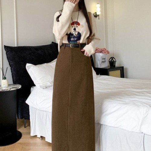 코듀로이 미디 스커트 여성 슬림핏 하이웨이스트 레트로 스타일 가을 겨울용 편안한 착용감 데일리 캐주얼 코디룩