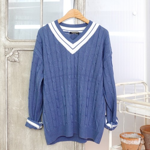 노멀 꽈배기 배색라인 롱 긴팔 브이넥 니트