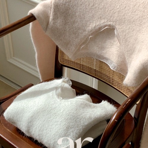 [울함유] V넥 배색 쉬폰 레이스 풀오버 울 니트 nt5288