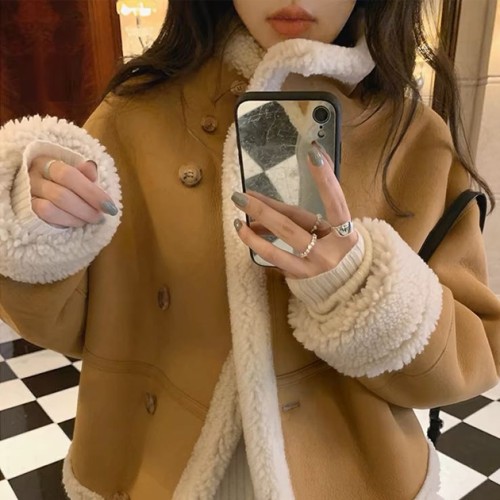 스웨이드 배색 양모 하이넥 양면 겨울 무스탕