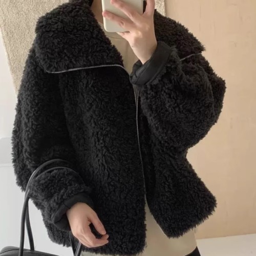 여성 양털 지퍼 무스탕 부드러운 양모 겨울 아우터