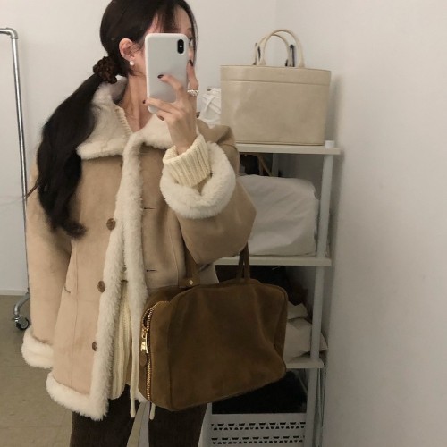 퓨로 여성 겨울 오버핏 루즈핏 카라 스웨이드 리버시블 무스탕자켓