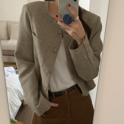 핑크트위드자켓 노카라 크롭 하객룩 라운드 싱글 봄 자켓