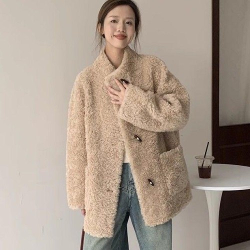 울 중간 길이 수직 칼라 캐시미어 양모 코트 소 버클