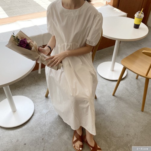 데이 볼륨 베이비돌 퍼프 코튼 롱 원피스 (카키그레이,화이트) 루즈핏 여름 아방 주름