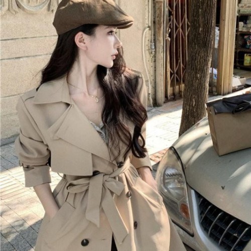 여성 봄 가을 베이직 더블 버튼 벨티드 미디 트렌치 코트 블랙 카키